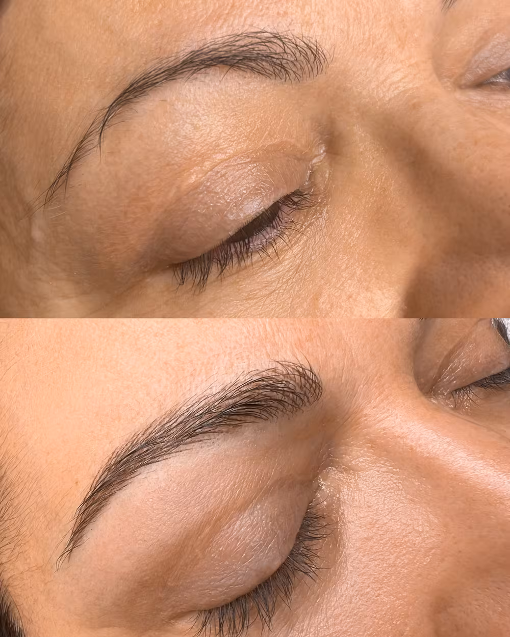 Permanent eyebrows before and after, sparse natural brow (top) filled into a full, hair-stroke brow (bottom)