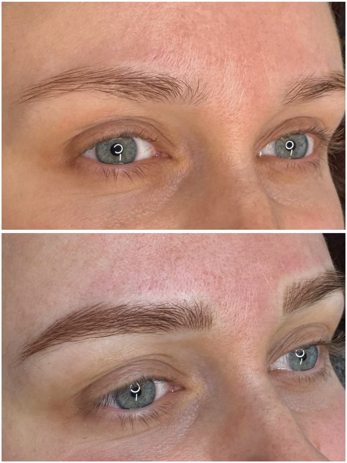 Permanent eyebrows before and after, sparse natural brows (top) filled in with soft, hair-like definition (bottom)