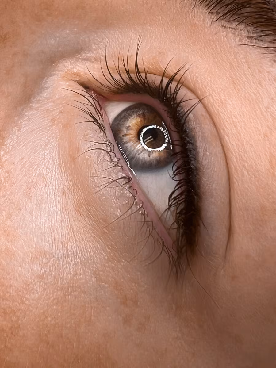 Lash line enhancement tattoo, fine pigment in the upper lash bed that ends where the lashes end, no wing