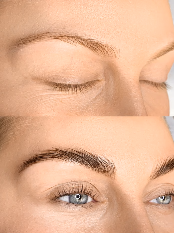 Brow lamination before and after at Calypso Beauty, natural brow hairs brushed up and shaped without tattooing