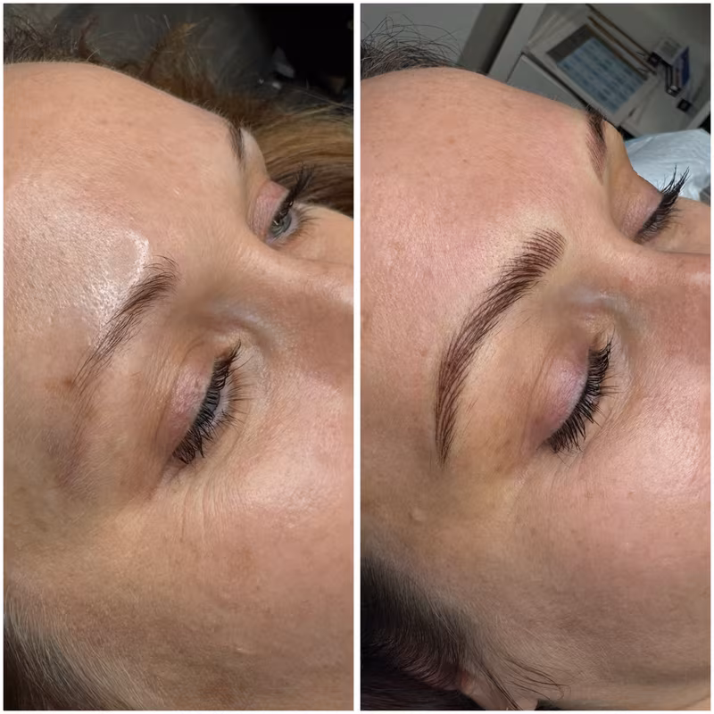 Nano brow before and after, sparse natural brow transformed with hair-stroke tattoo at Calypso Beauty, Bellevue / Kirkland