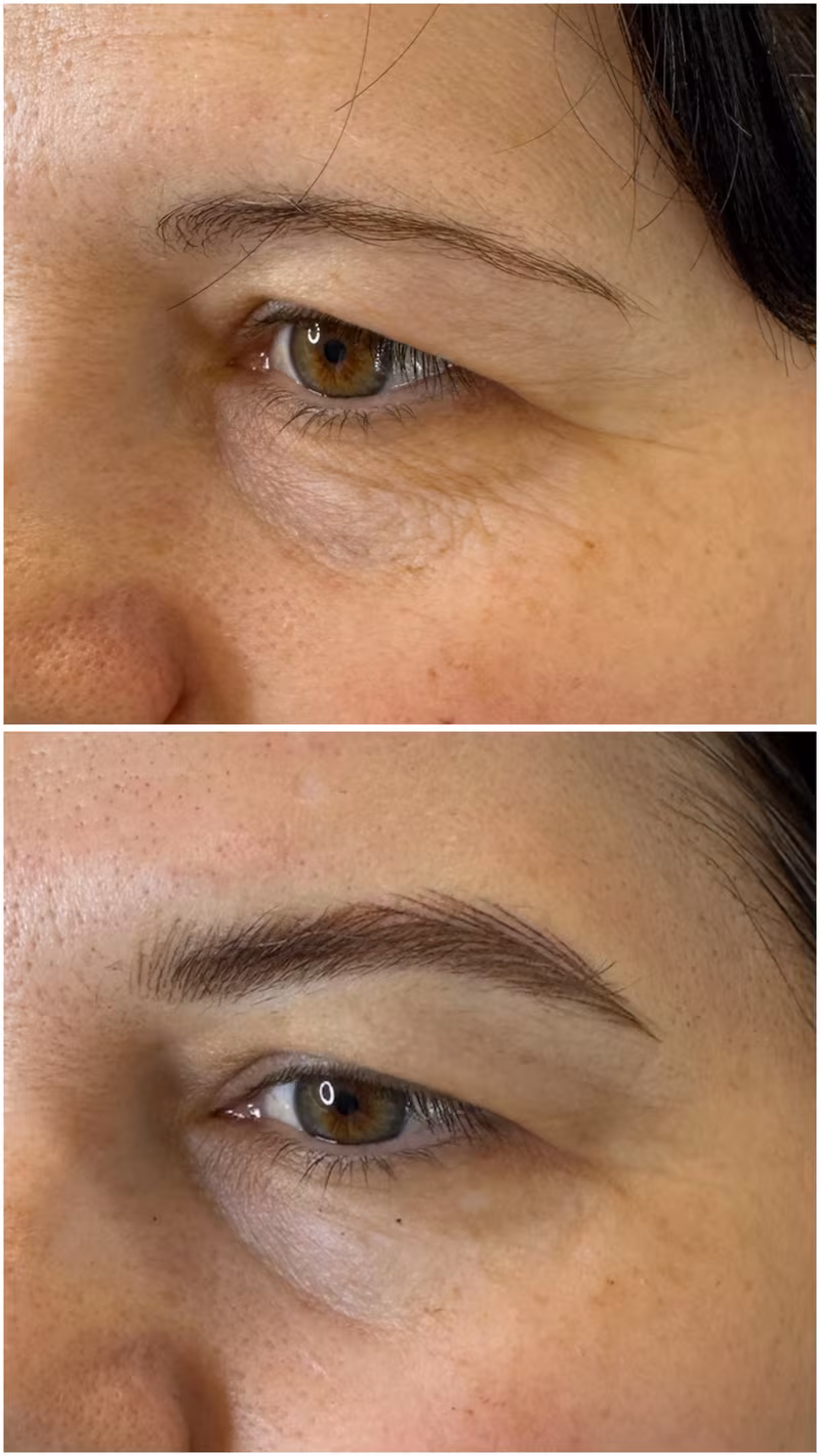 Nano brows before and after, faded brows rebuilt with defined hair strokes at Calypso Beauty, Bellevue / Kirkland
