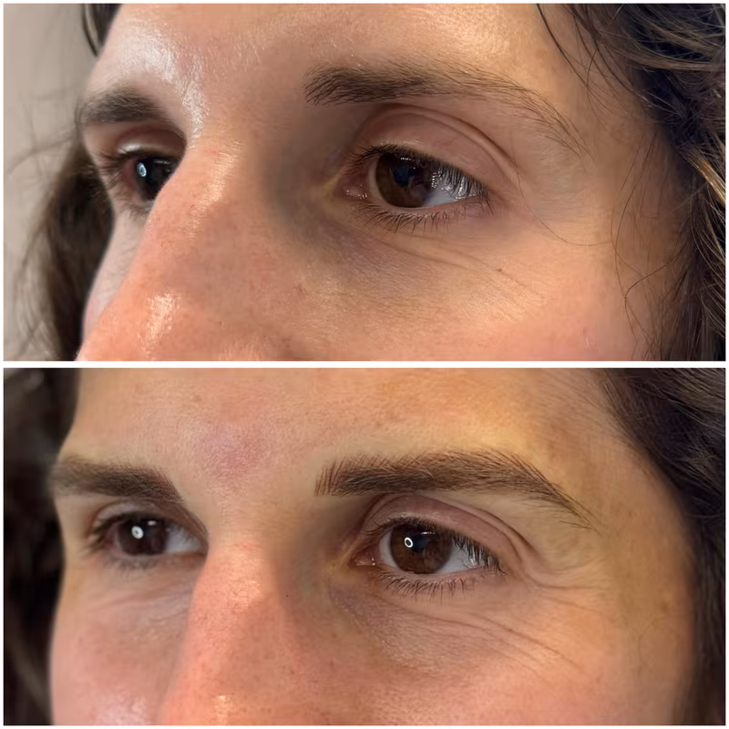 Nano brows before and after, natural brows refined with realistic hair strokes at Calypso Beauty, Bellevue / Kirkland