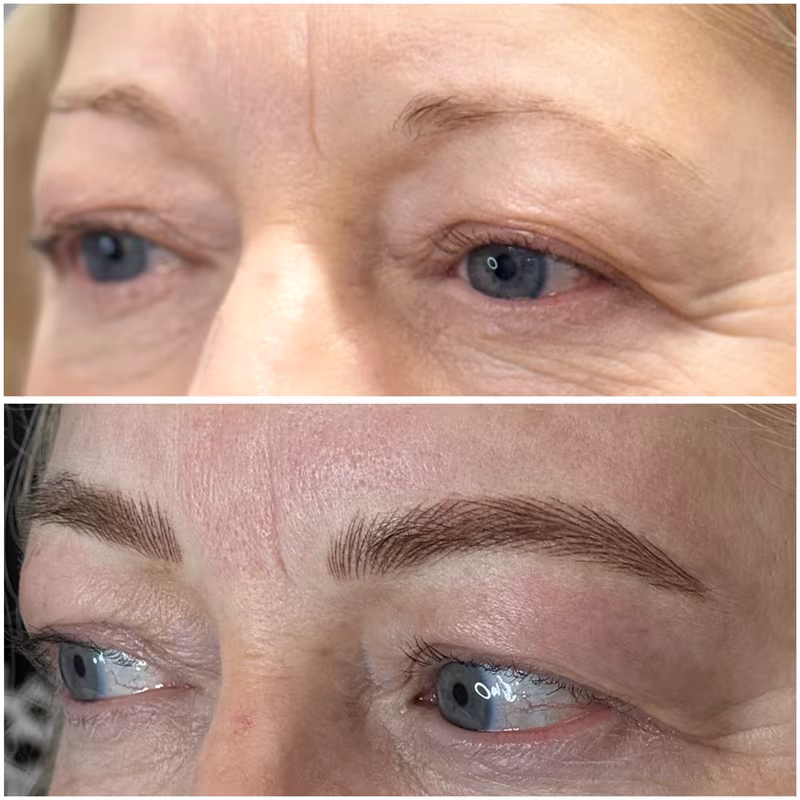Nano brows before and after, sparse blonde brows given full hair-stroke definition at Calypso Beauty, Bellevue / Kirkland