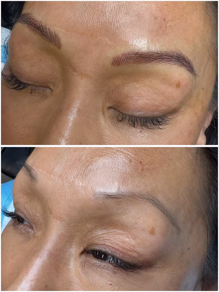 Nano brows on tan skin, fresh hair-stroke brows (top) and sparse brows before (bottom) at Calypso Beauty, Bellevue / Kirkland