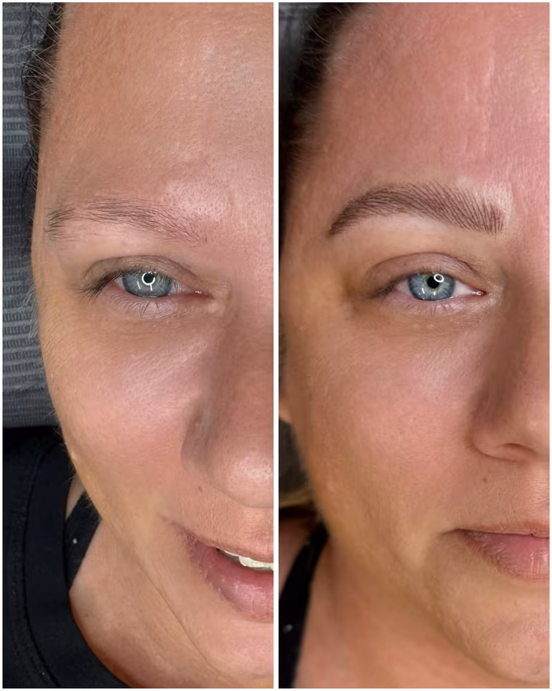 Nano brow before and after, sparse brow reshaped with fine hair strokes at Calypso Beauty, Bellevue / Kirkland