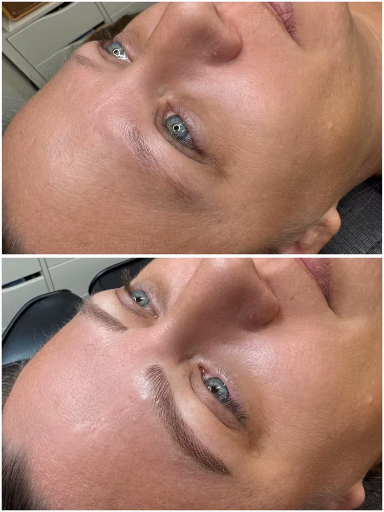 Nano brows before and after, sparse brows filled with fine hair strokes at Calypso Beauty, Bellevue / Kirkland