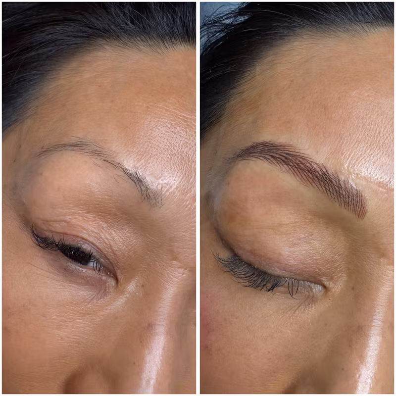 Nano brows before and after on medium skin, thin brows rebuilt with fine hair strokes at Calypso Beauty, Bellevue / Kirkland