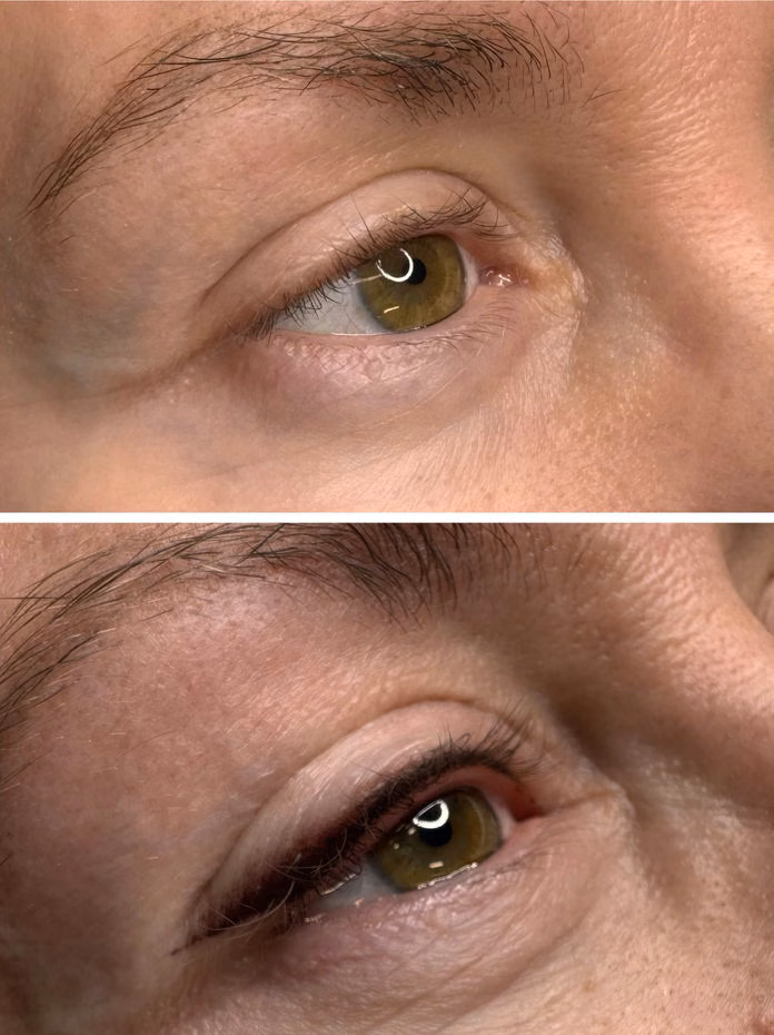 Foxy permanent eyeliner before and after, photographed right after the procedure with temporary swelling, at Calypso Beauty, Bellevue / Kirkland