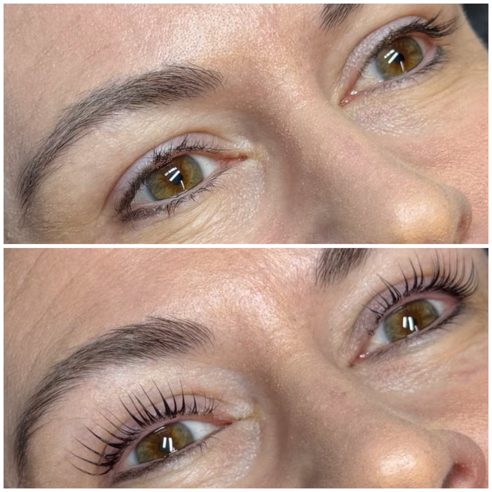 Lash lift before and after: straight natural lashes on top, lifted and curled lashes below