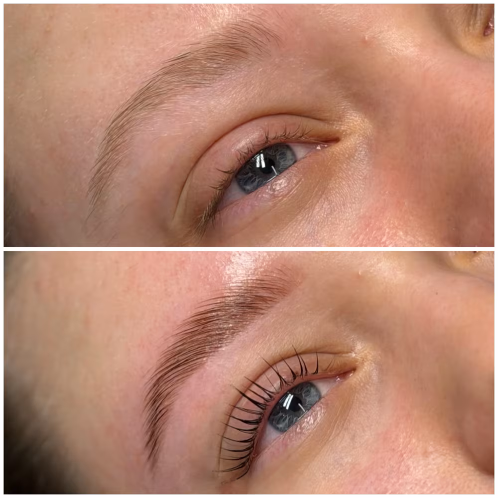 Lash lift and brow lamination before and after: straight lashes and soft brows on top, lifted lashes and brushed-up, tinted brows below