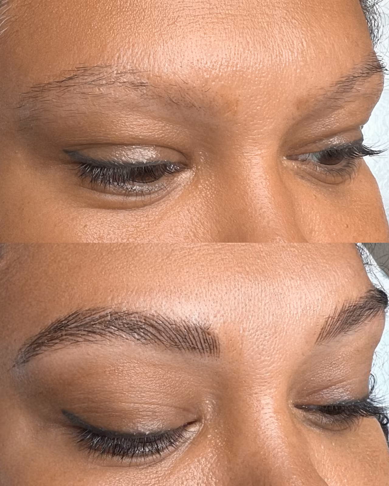 Nano brows before and after, sparse brows healed into natural hair strokes by Yulia Alpeza, Bellevue WA