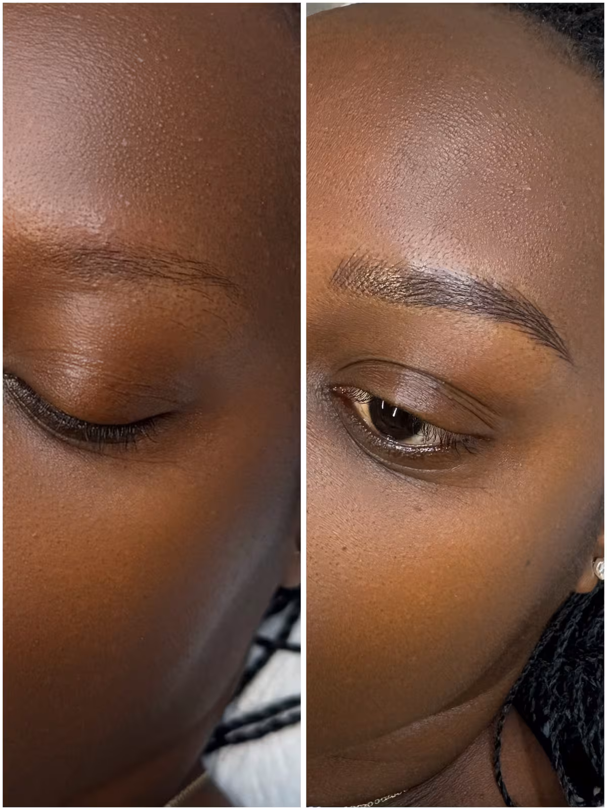 Nano brow hair replication before and after, natural fuller brows at Calypso Beauty, Bellevue / Kirkland