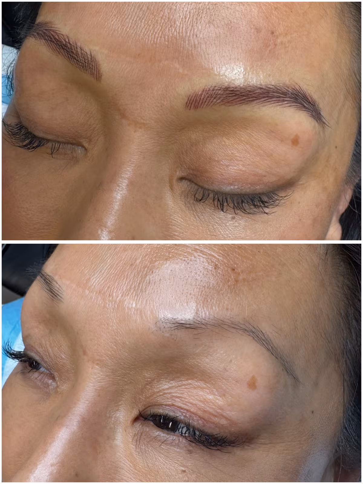 Nano brows before and after, sparse brows rebuilt with hair strokes at Calypso Beauty, Bellevue / Kirkland