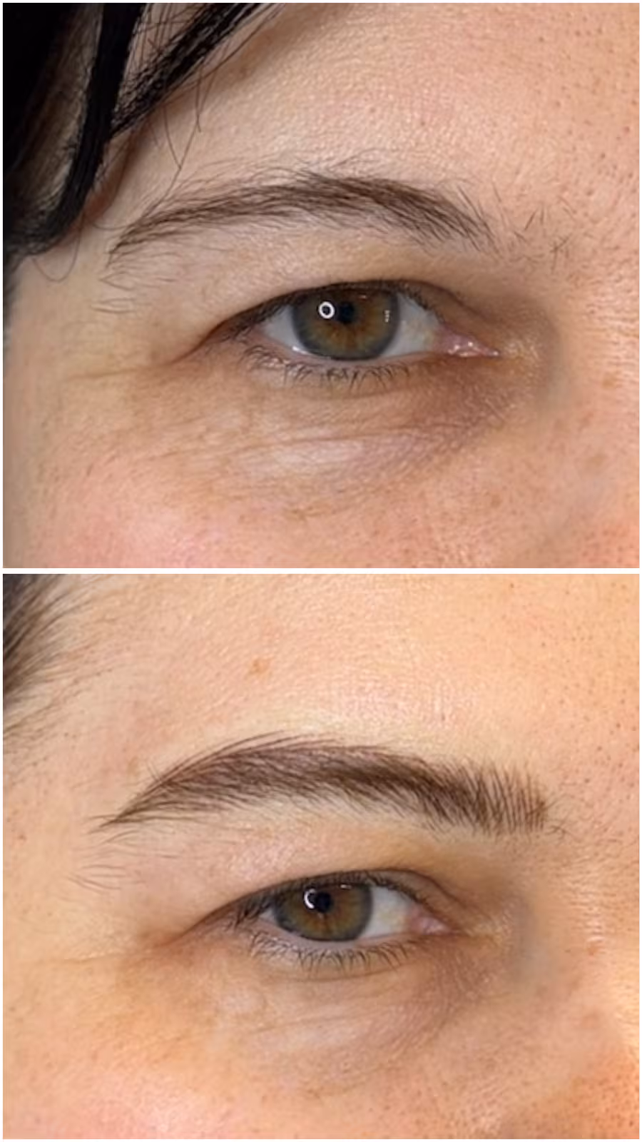 Nano brow hair replication before and after, natural fuller brows at Calypso Beauty, Bellevue / Kirkland