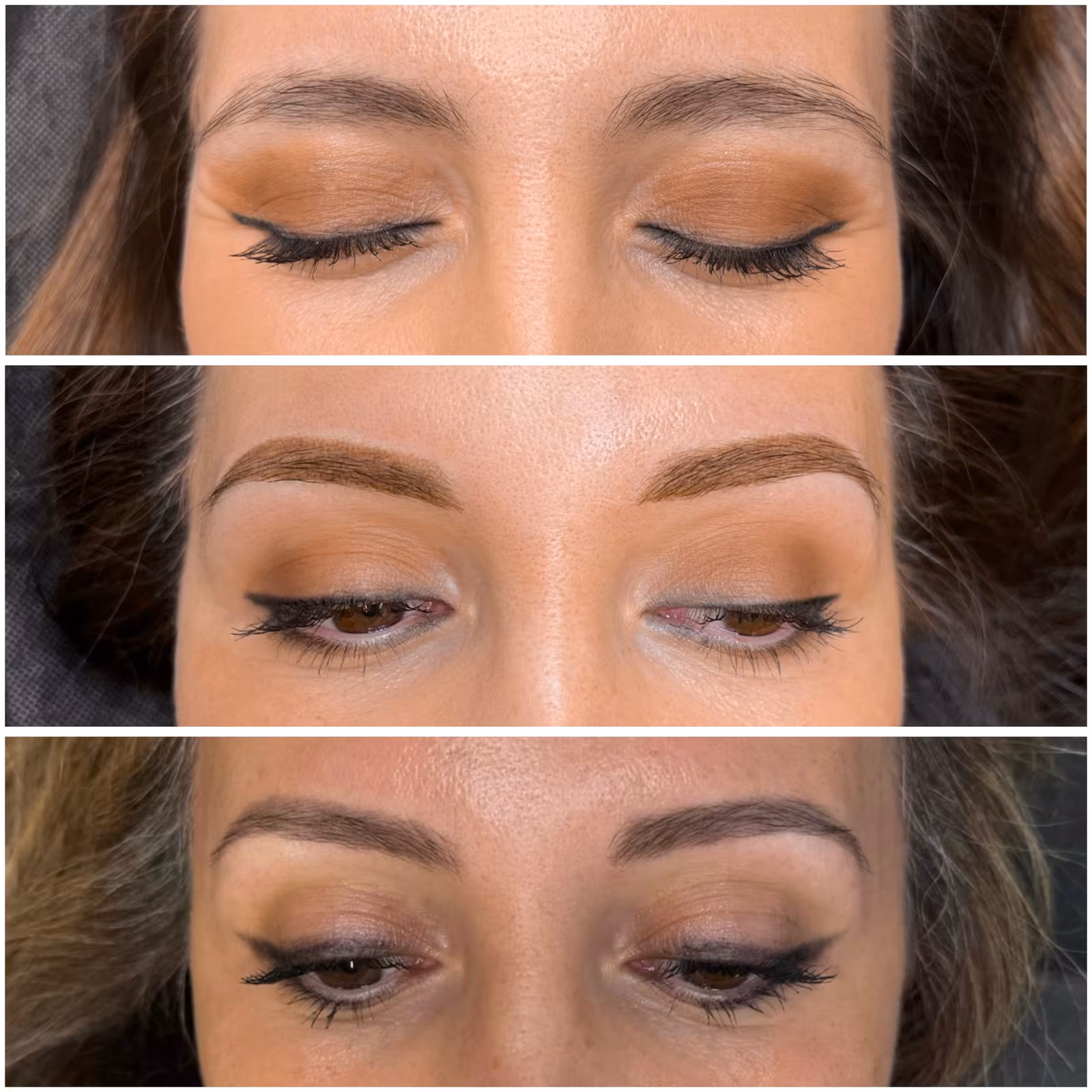 Nano brows in three stages, before, fresh and healed, at Calypso Beauty, Bellevue / Kirkland