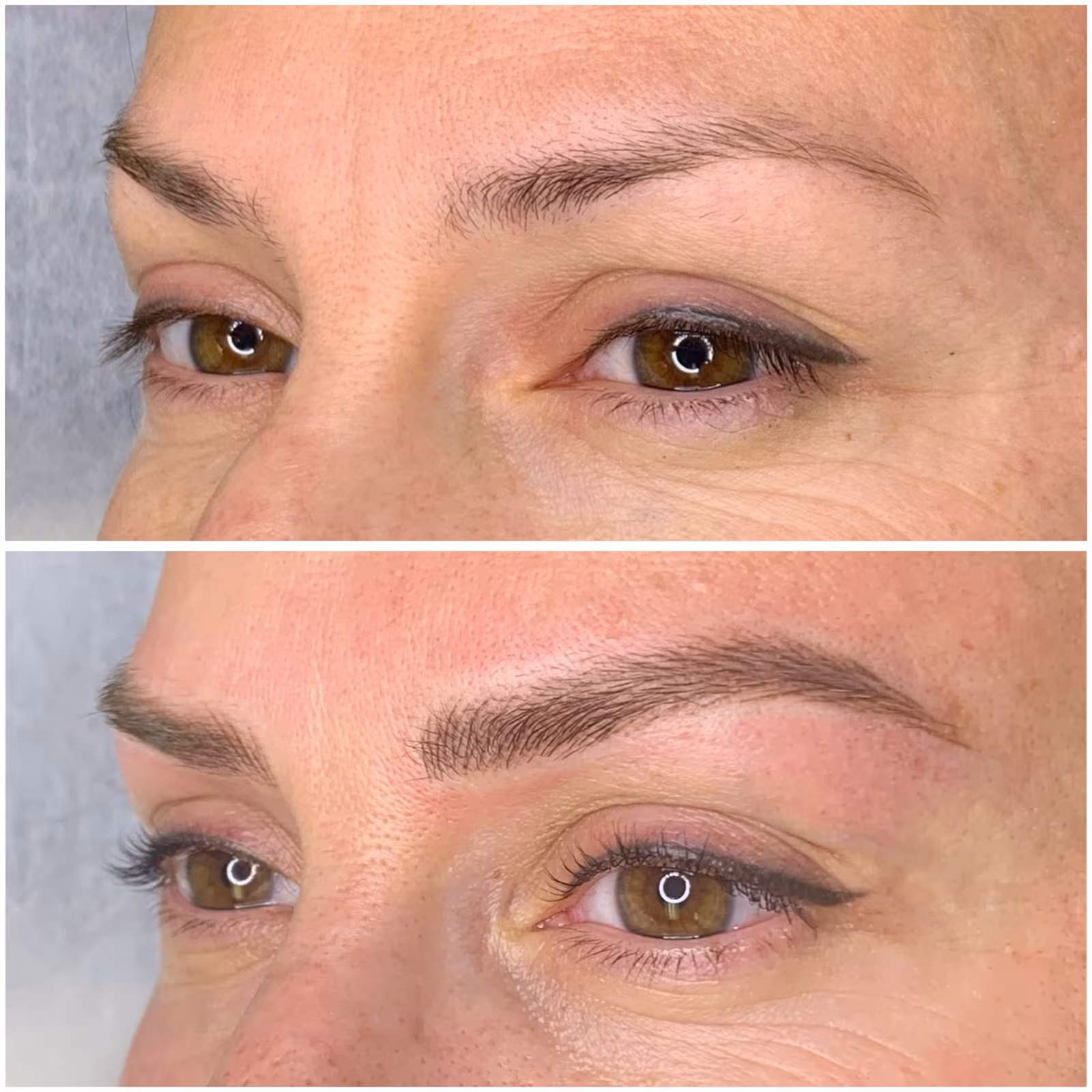 Nano brows before and after, sparse brows rebuilt with hair strokes at Calypso Beauty, Bellevue / Kirkland