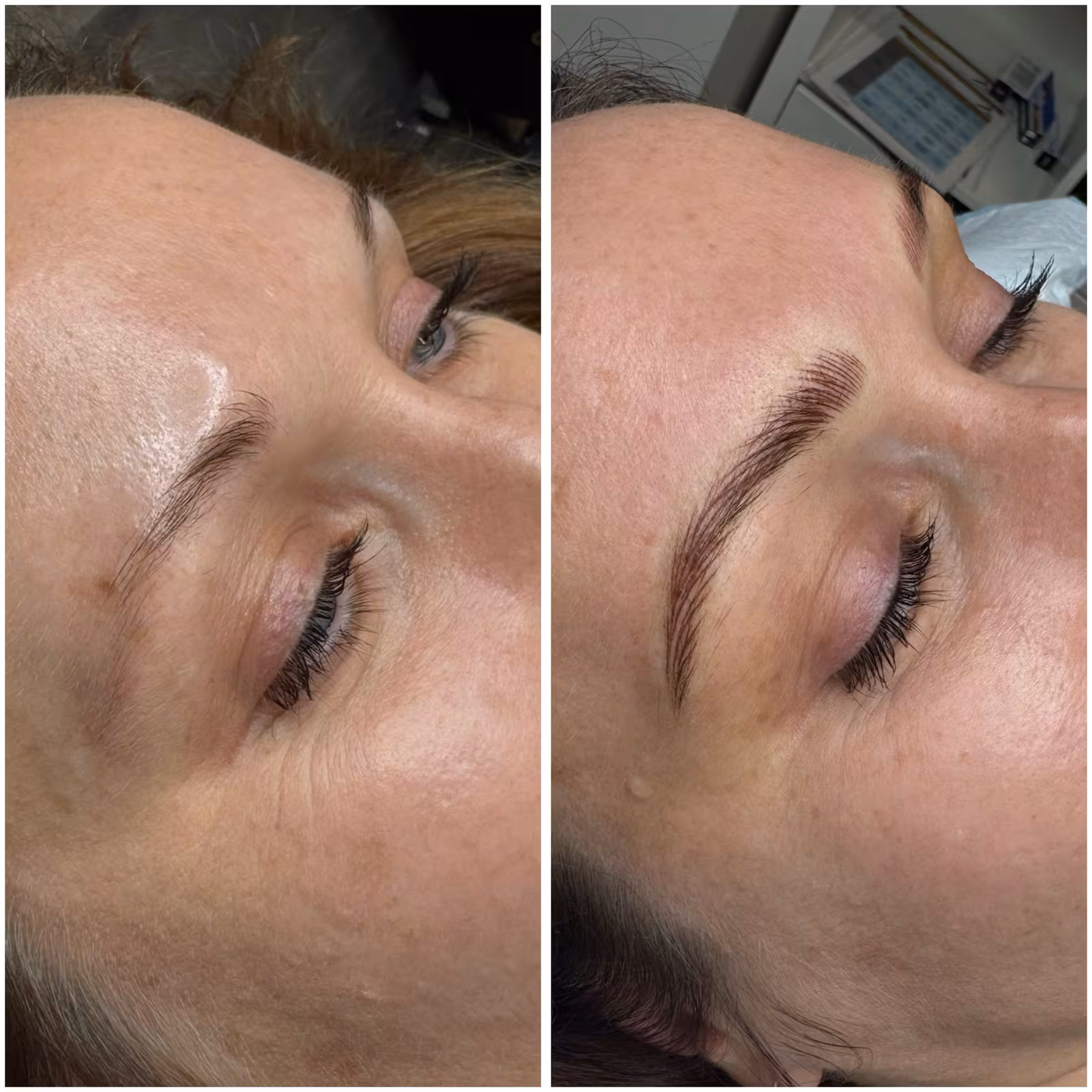 Nano brow hair replication before and after, natural fuller brows at Calypso Beauty, Bellevue / Kirkland