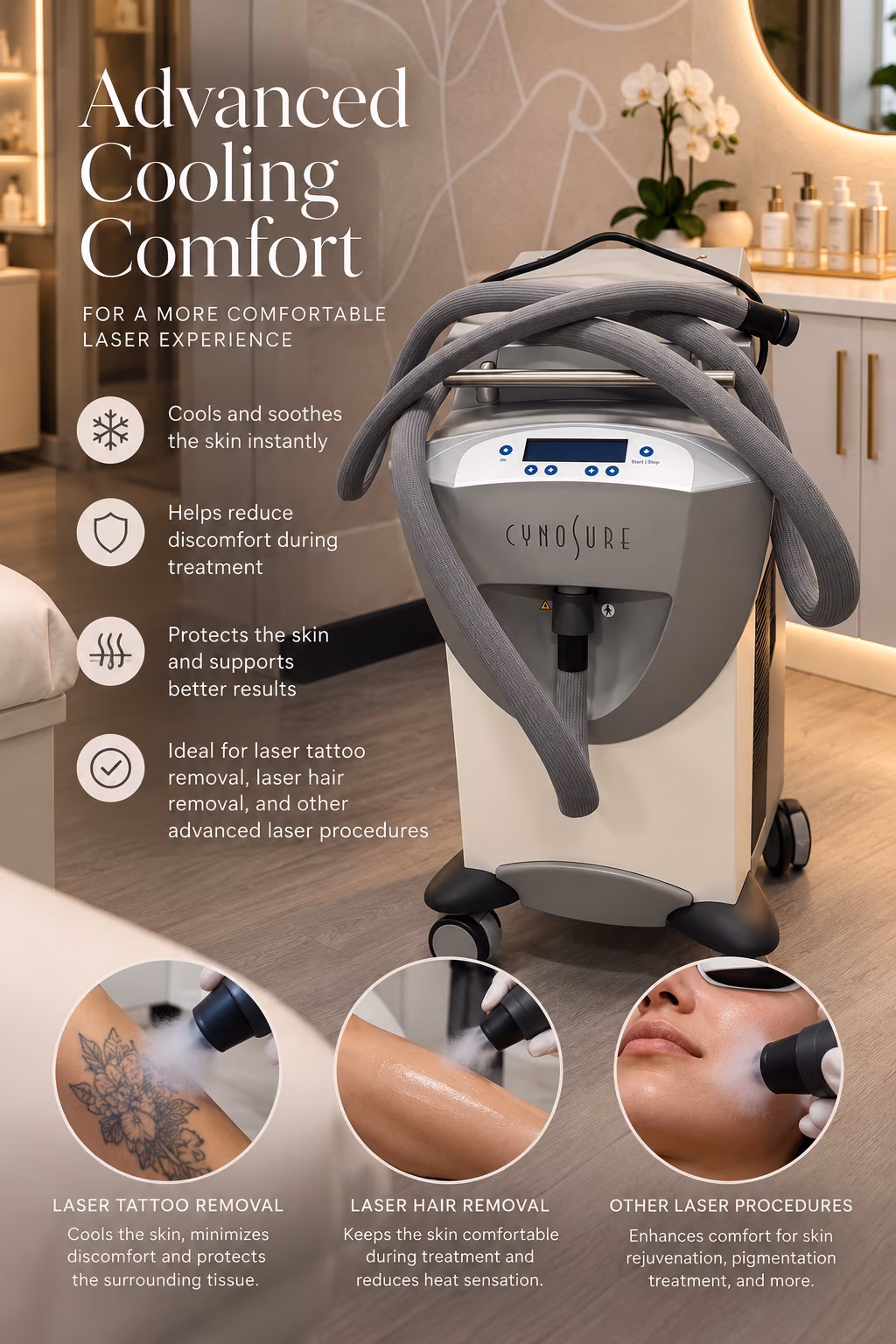 Advanced Cooling Comfort: the Cynosure skin chiller cools skin instantly, reduces discomfort, and supports better results for tattoo removal, hair removal, and other laser procedures