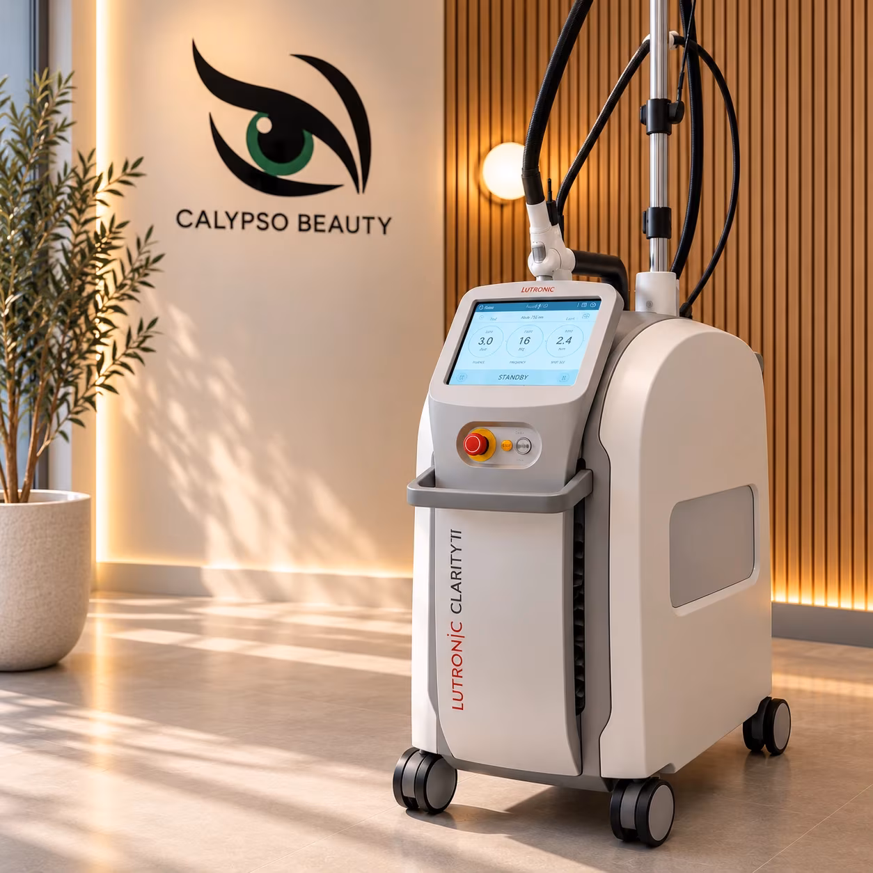 Lutronic Clarity II dual-wavelength laser in the Calypso Beauty studio, beside the green-eye logo wall