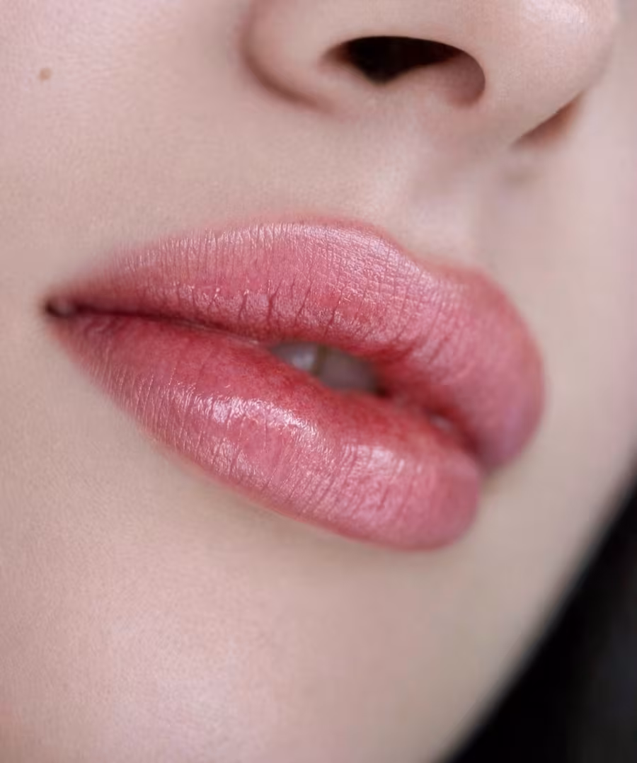 Full cover kissed lips effect, soft nude border blending into a deeper, juicy inner lip color