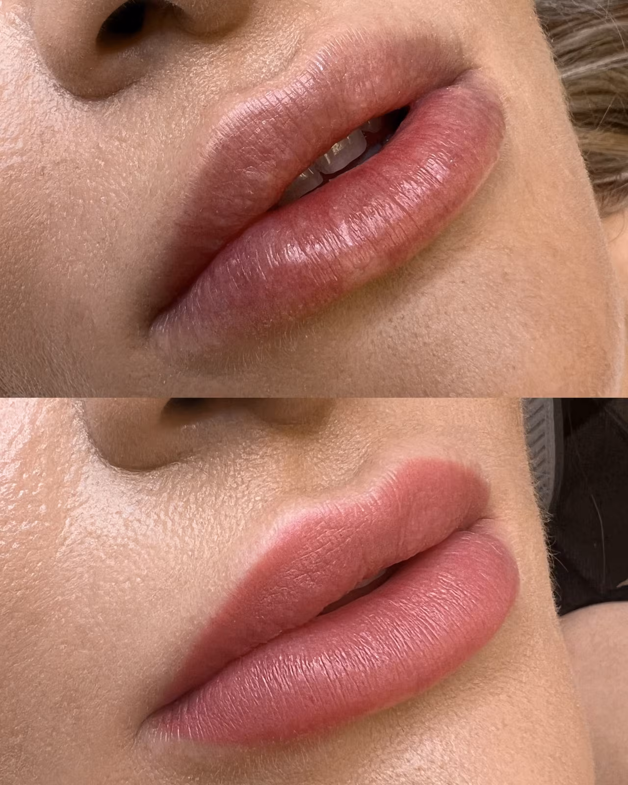 Aqua watercolor lip blush result, even, sheer color close to the natural lip tone