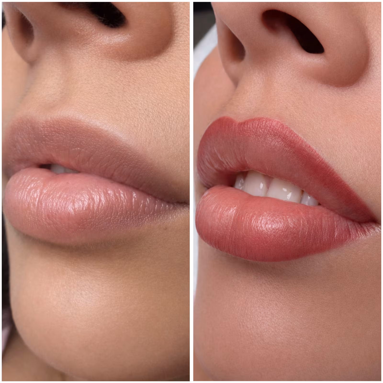 Lip blush before and after, natural lips beside the healed soft rosy result