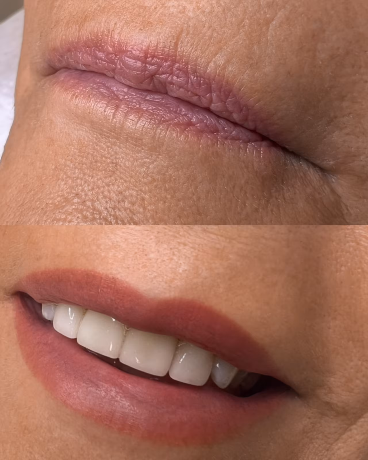 Feathered contour lip result, soft shaded definition along the lip border