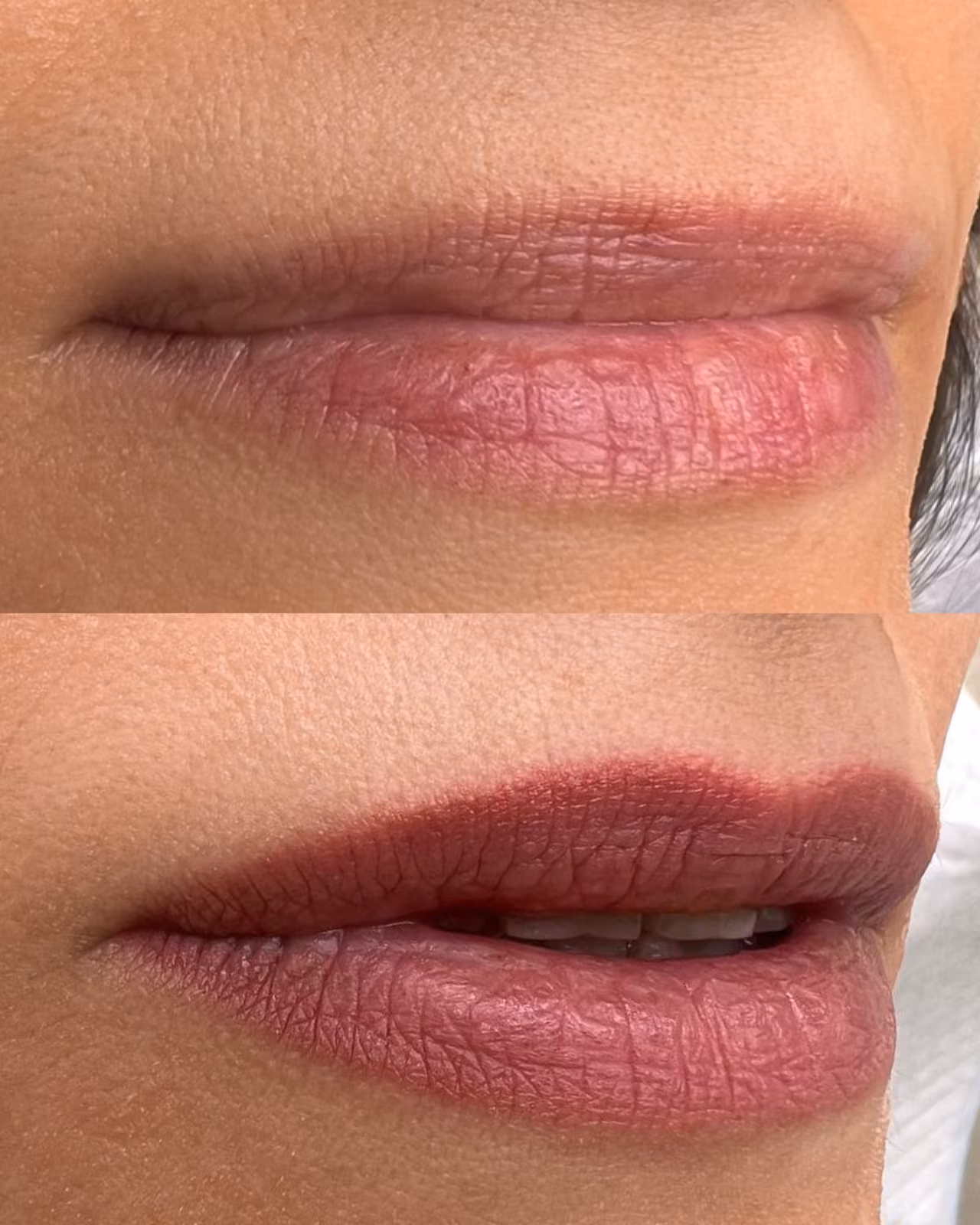 Feathered contour lip result, a soft, diffused outline that adds the illusion of volume