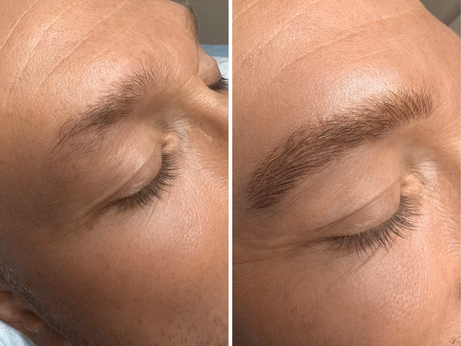 Men’s nano brows before and after, thin brow filled in with soft, hair-like strokes
