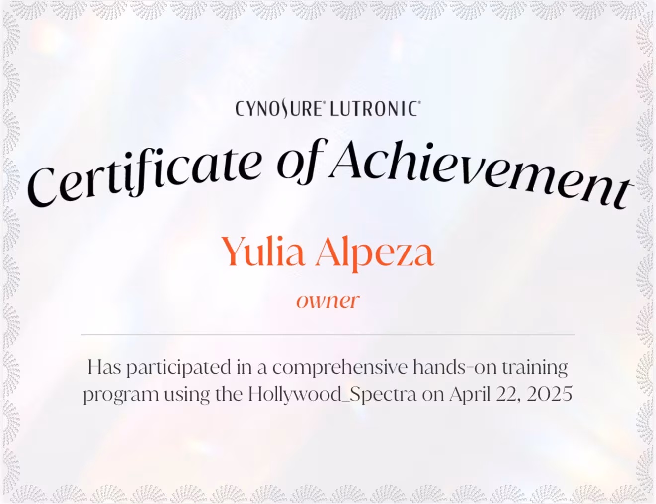 Cynosure Lutronic Hollywood Spectra laser training certificate, 2025