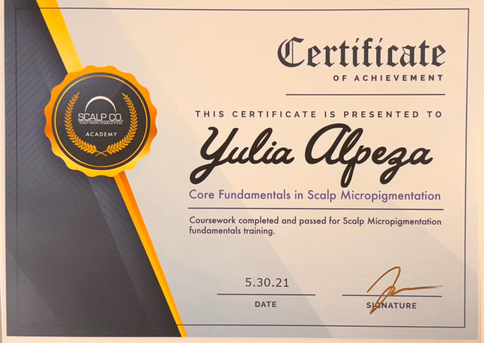 Scalp Co. Academy scalp micropigmentation fundamentals certificate, 2021
