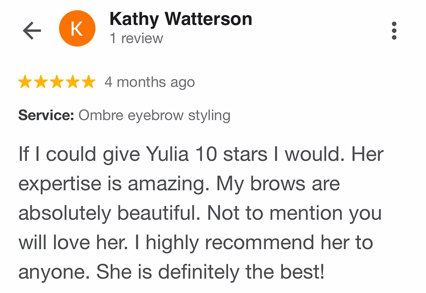 Five-star Google review by Kathy Watterson of Calypso Beauty ombre eyebrow styling